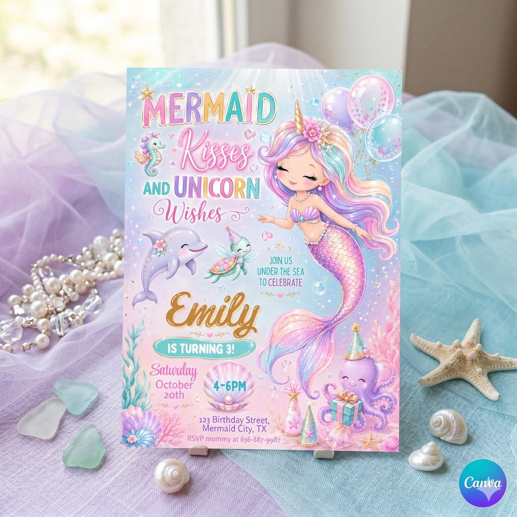 Mermaid Birthday Invitation Girl | Watercolor Mermaid Party Invite | Under the Sea Birthday | Pink Purple Mermaid | Editable Canva Printable