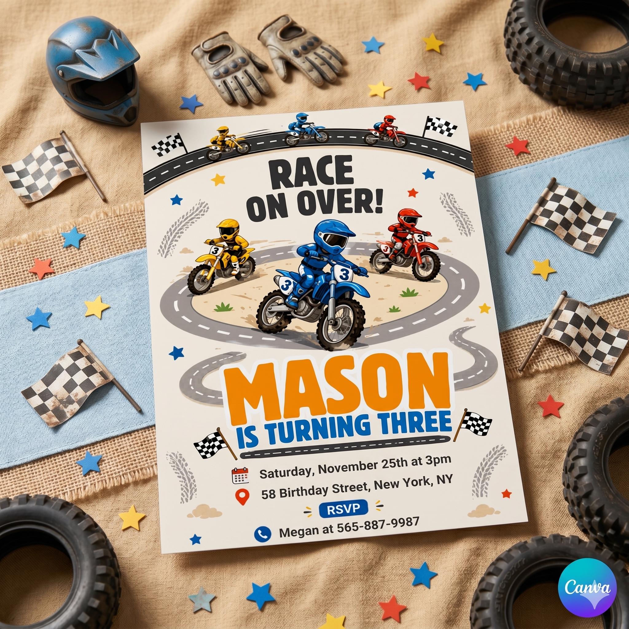 Dirt Bike Birthday Invitation, Motocross Off-Road Boy Party Invite (Digital Template)
