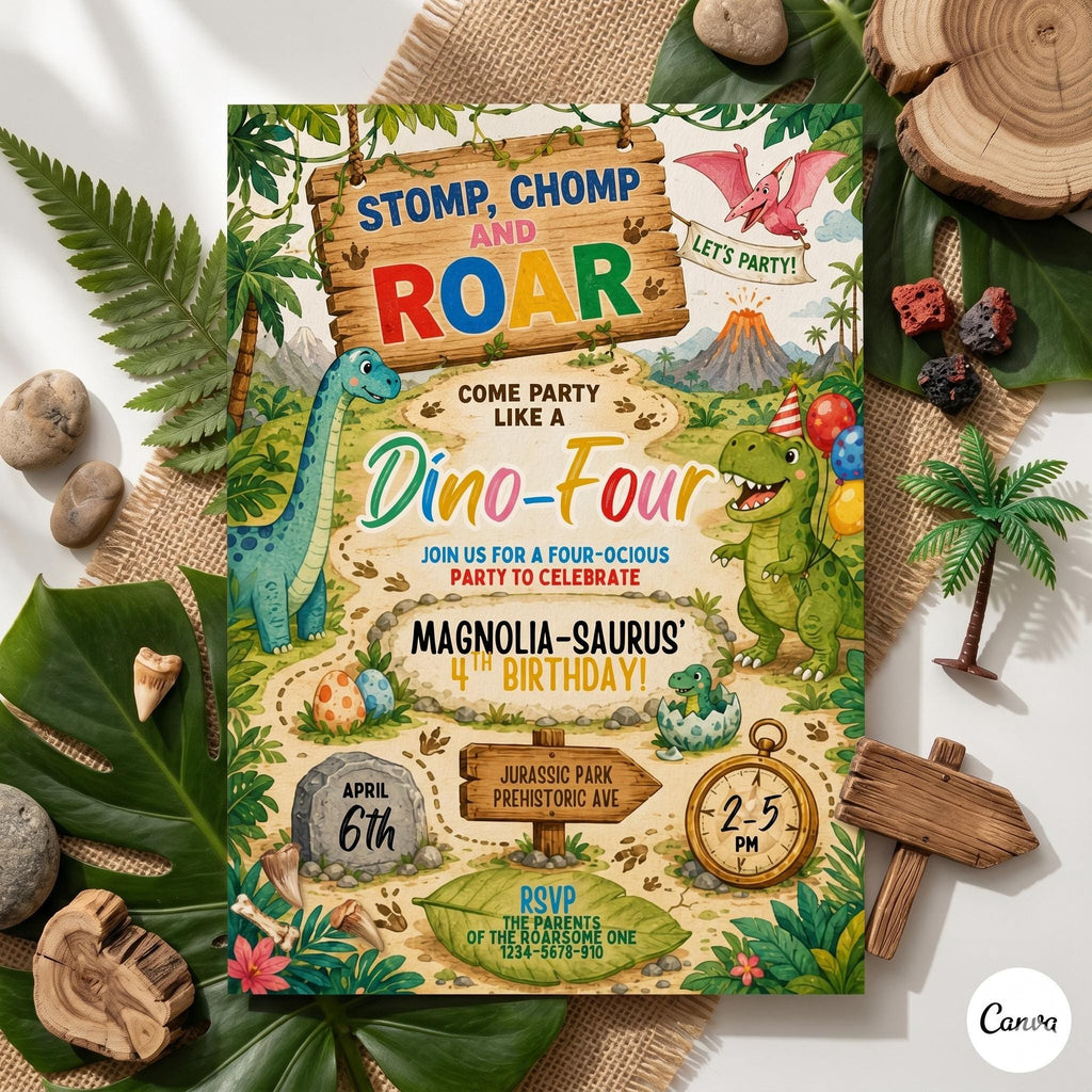 Dinosaur 4th Birthday Invitation Template: Stomp, Chomp, Roar Party (Digital Download)