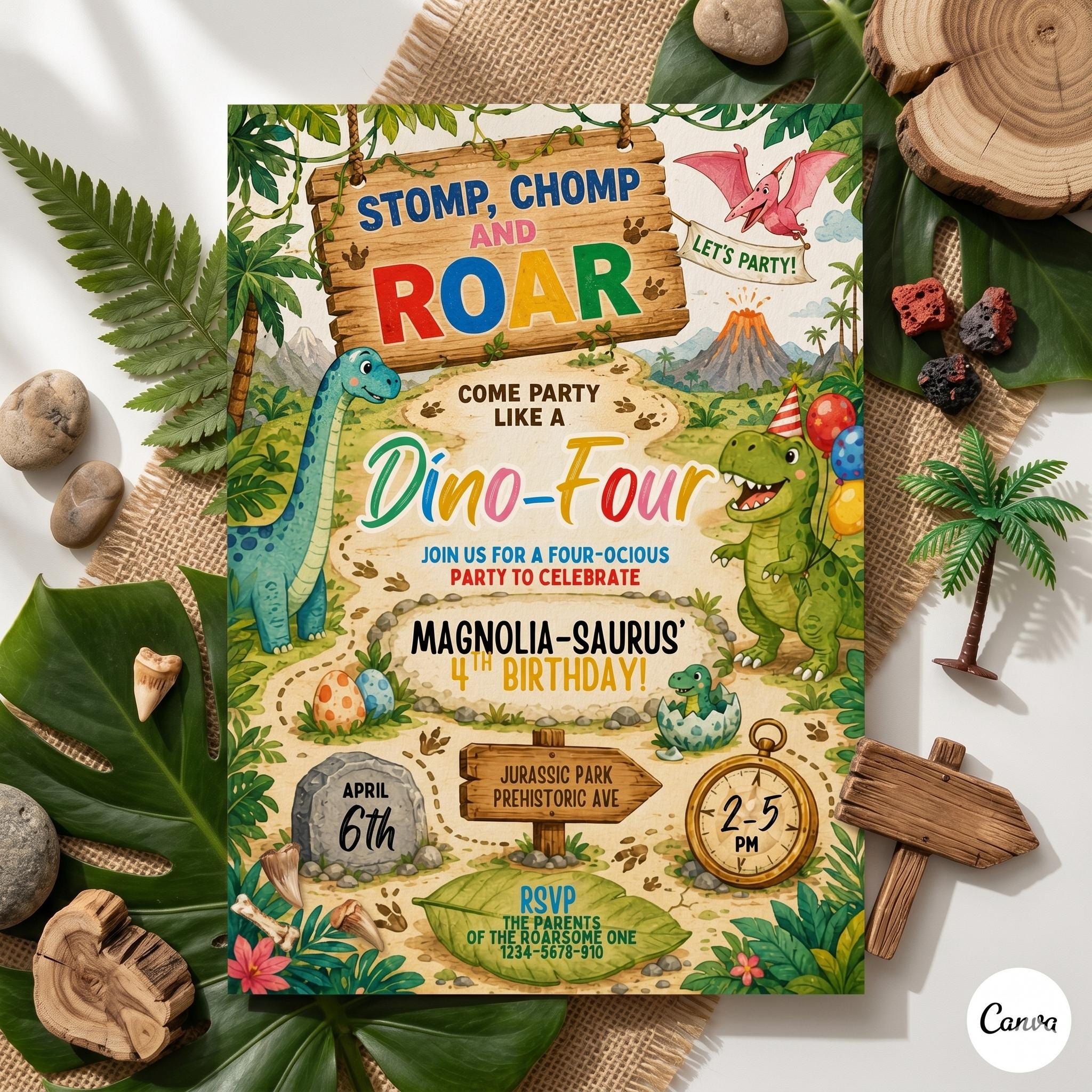 Dinosaur 4th Birthday Invitation Template: Stomp, Chomp, Roar Party (Digital Download)