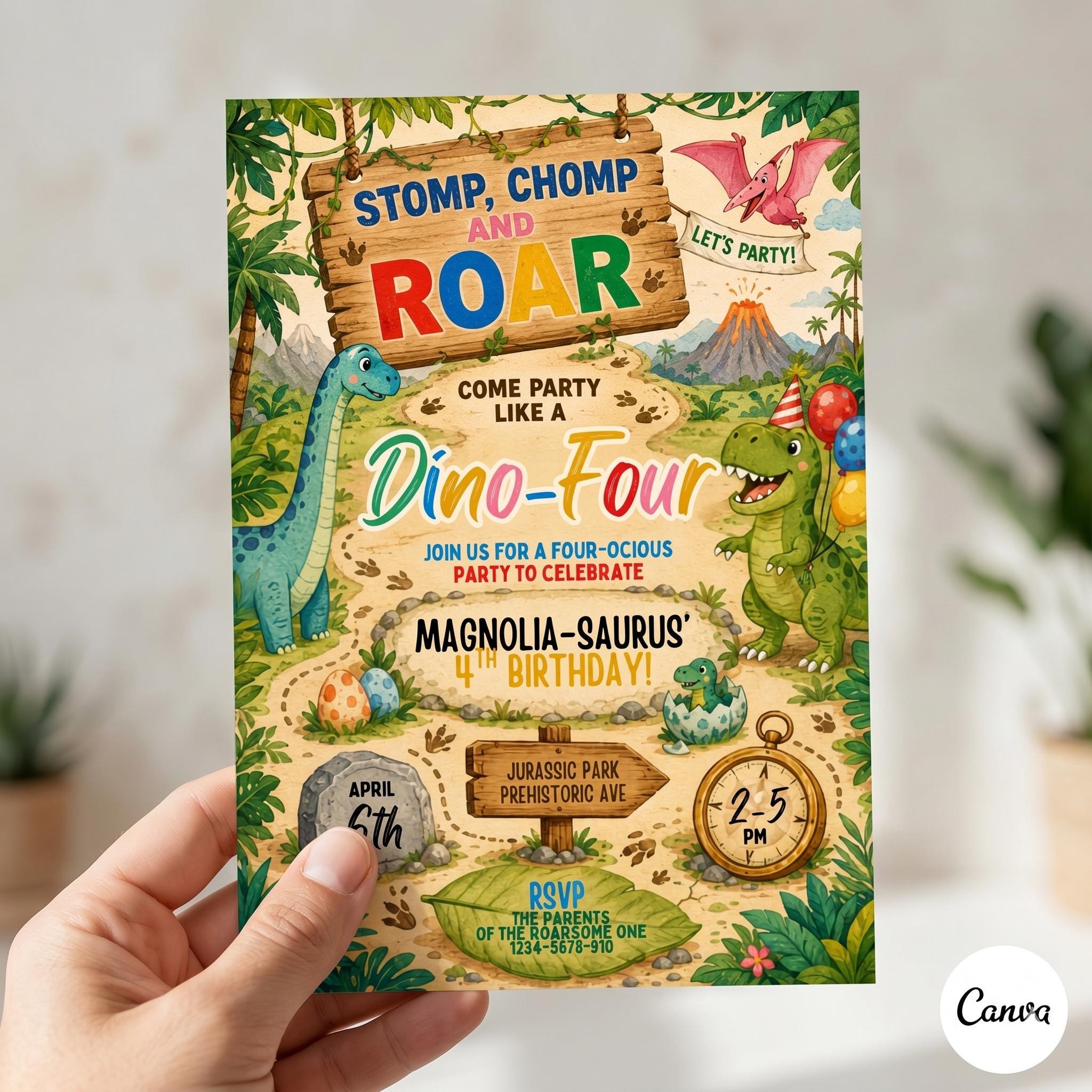 Dinosaur 4th Birthday Invitation Template: Stomp, Chomp, Roar Party (Digital Download)