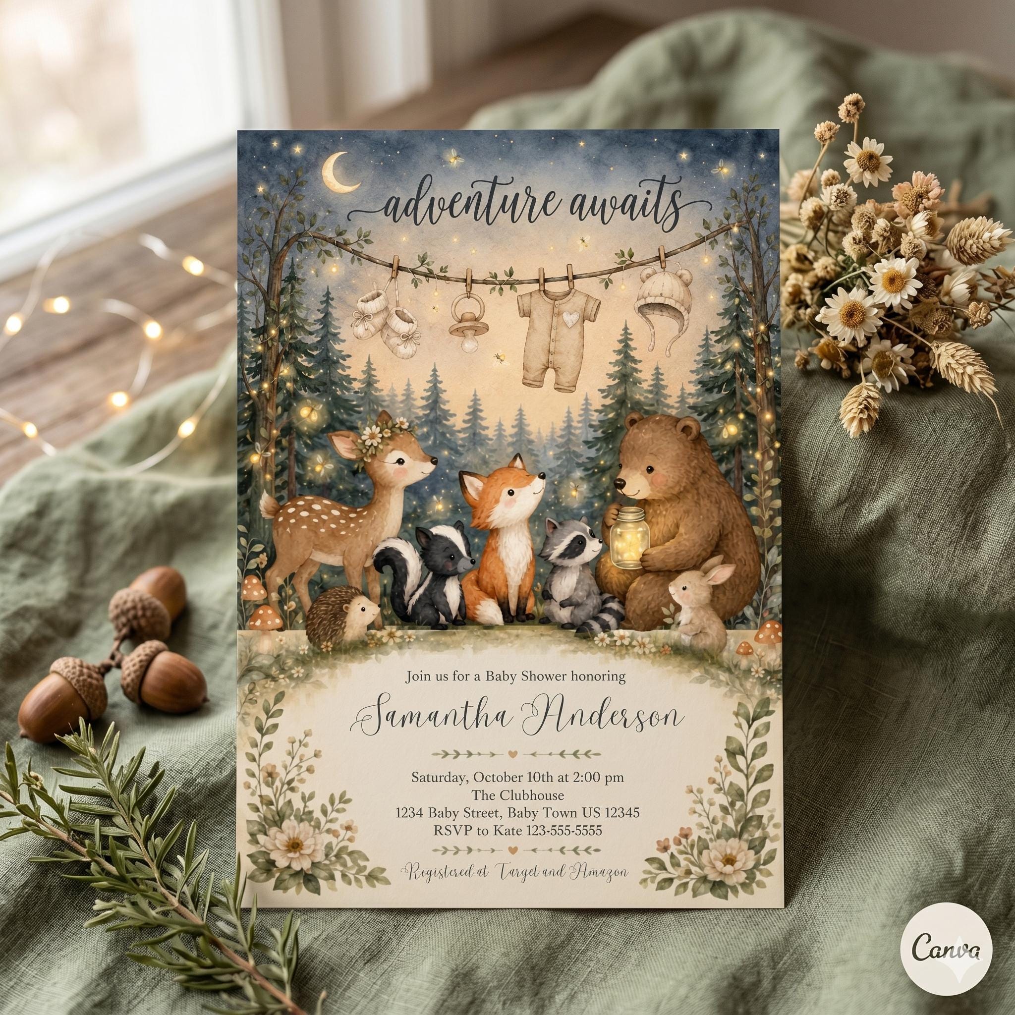 Woodland Baby Shower Invitation Template: Editable Adventure Awaits Design (Digital Download)