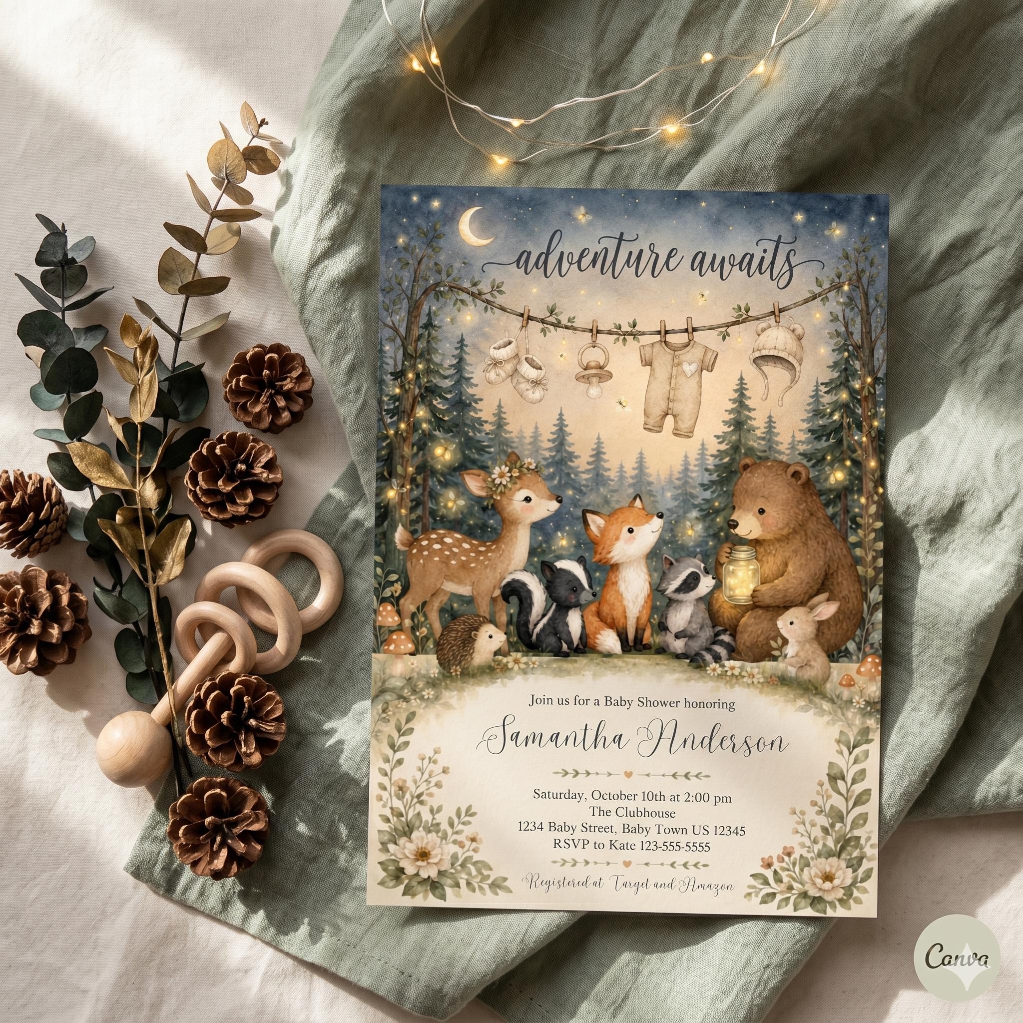 Woodland Baby Shower Invitation Template: Editable Adventure Awaits Design (Digital Download)