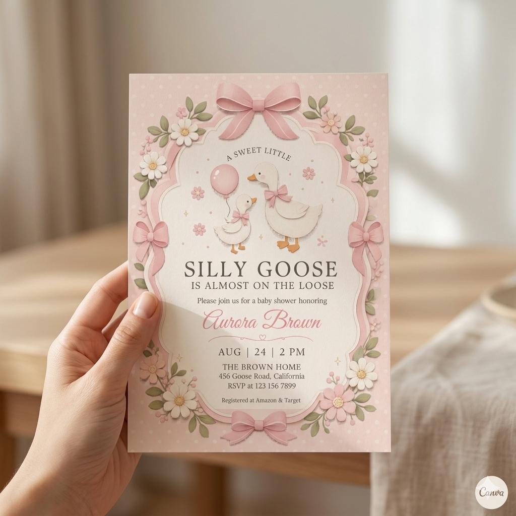 Silly Goose Baby Shower Invitation | Pink Bow Girl Canva Template (Digital Download)