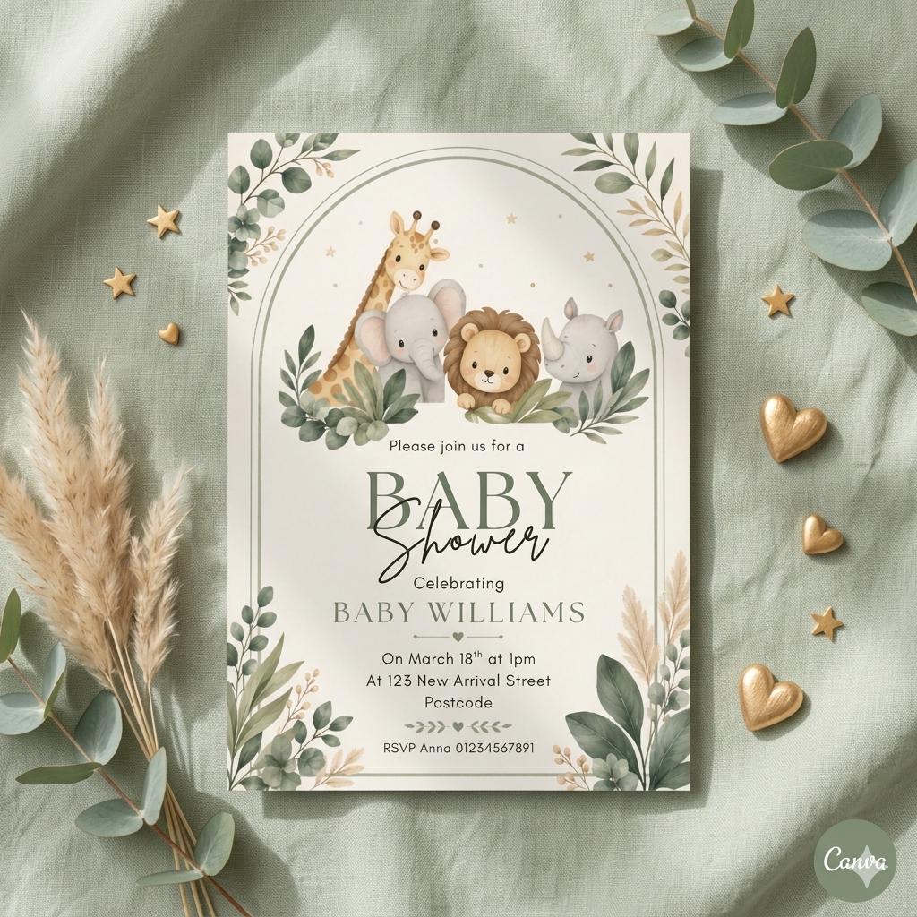 Safari Baby Shower Invitation, Jungle Animals, Custom Invite (Digital Download)