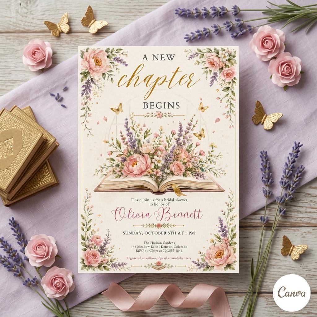A New Chapter Begins Baby Shower Invitation, Storybook Baby Shower Invite, Gender Neutral, Bridal Shower Invitation, Editable Canva Template