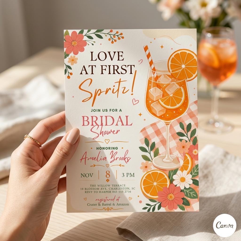 Aperol Spritz Bridal Shower Invitation, Citrus Floral Digital Template (Canva)