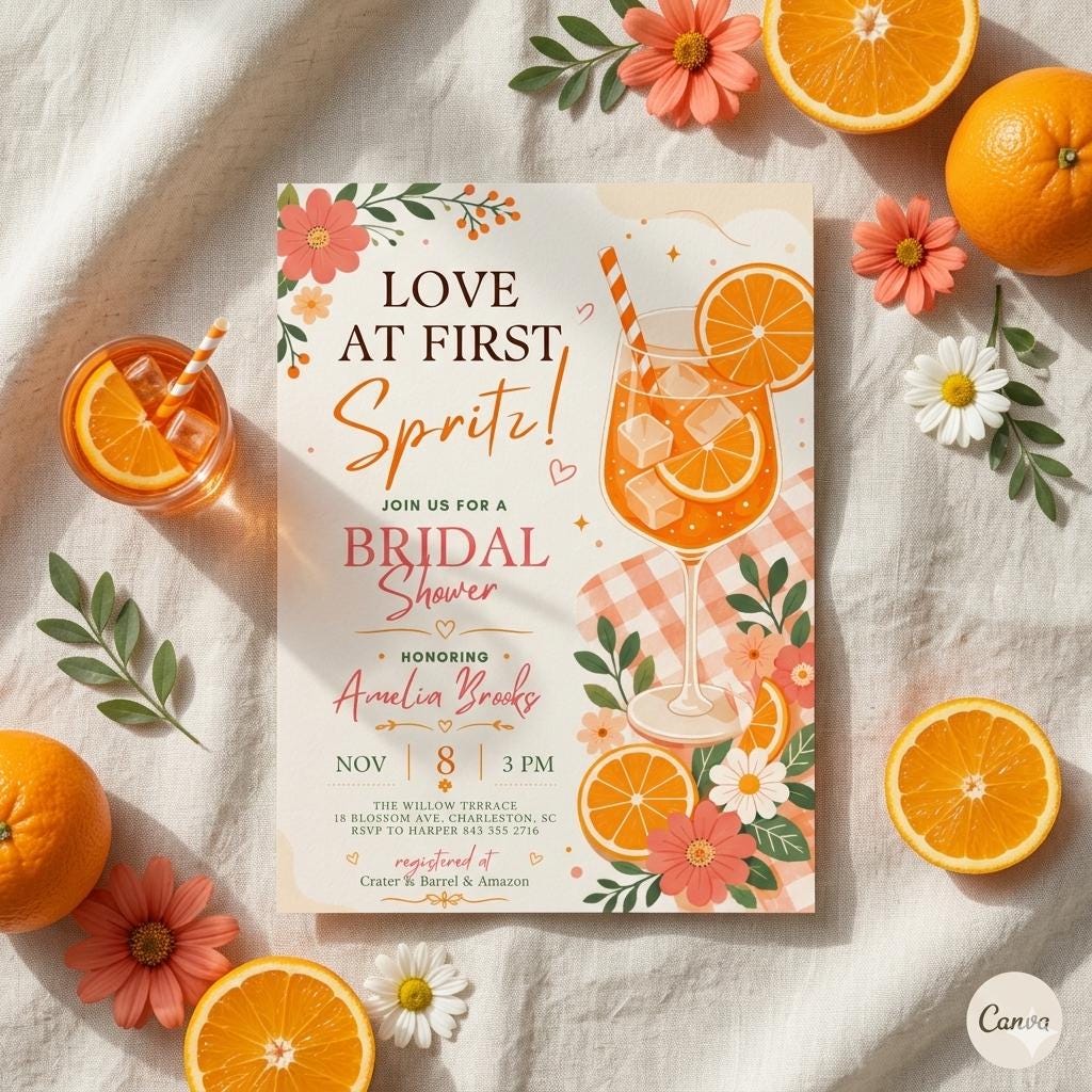 Aperol Spritz Bridal Shower Invitation, Citrus Floral Digital Template (Canva)