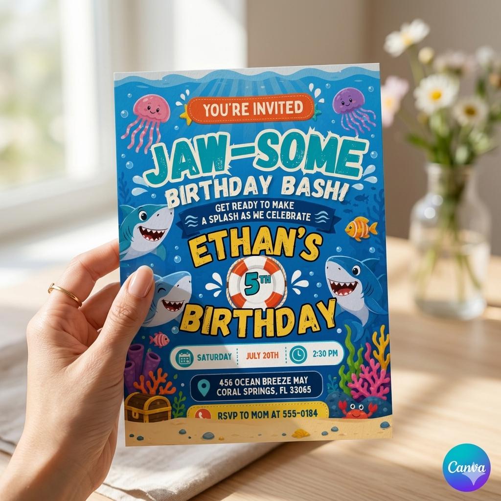 Shark Birthday Invitation, Editable Pool Party Invite, Sharktastic Attack, Ocean Nautical Any Age Kids Template, Under The Sea Invite, Canva