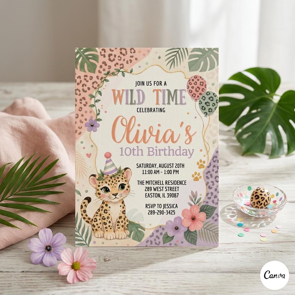 Wild Jungle Birthday Party Cheetah Rainbow Birthday Party Invitation, Leopard, Wild Jungle, Tween Cheetah Print Invite (Digital Download)