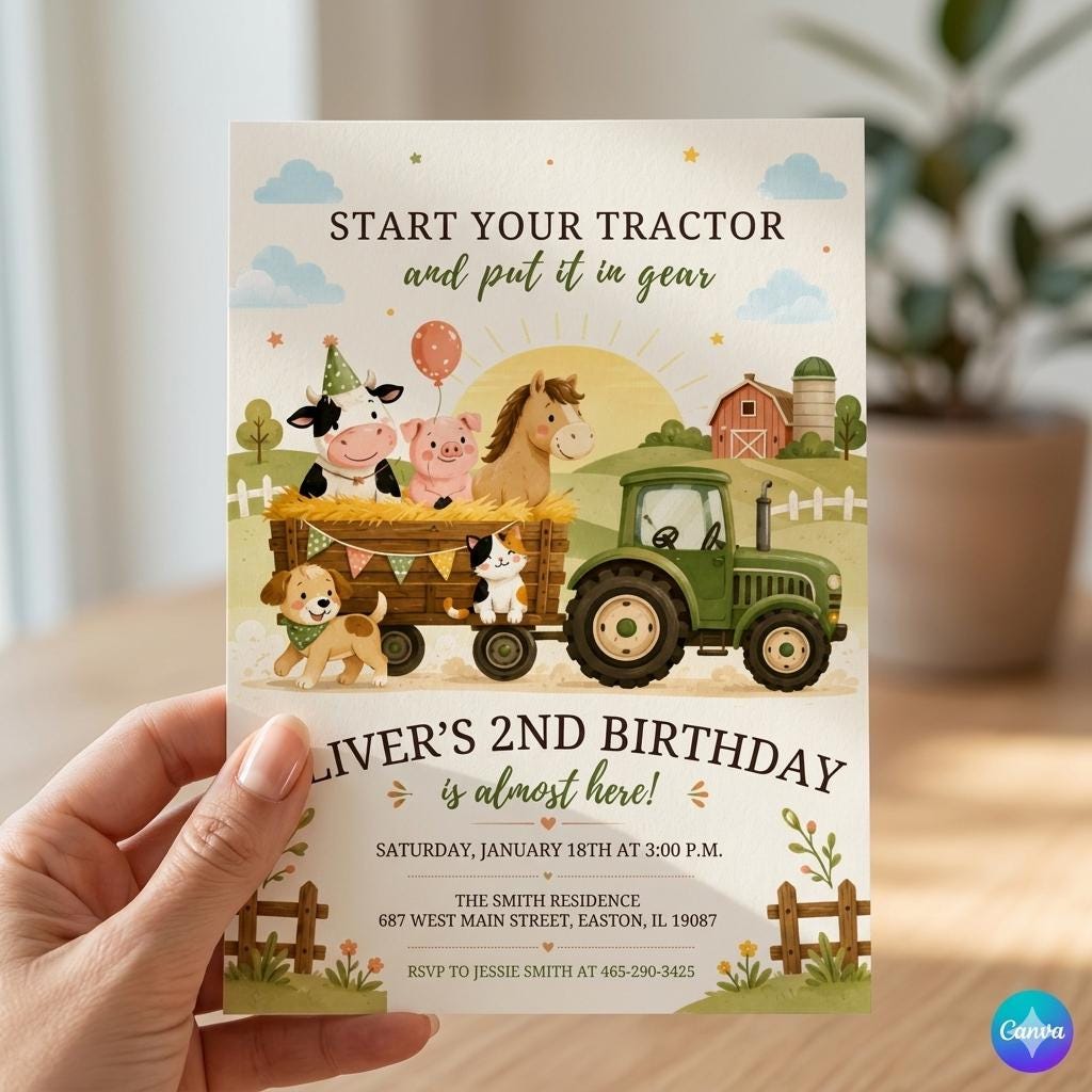 Tractor Birthday Party Invitation, Farm Birthday, Farm Animal, Boy Tractor Party, Country Invite, Digital