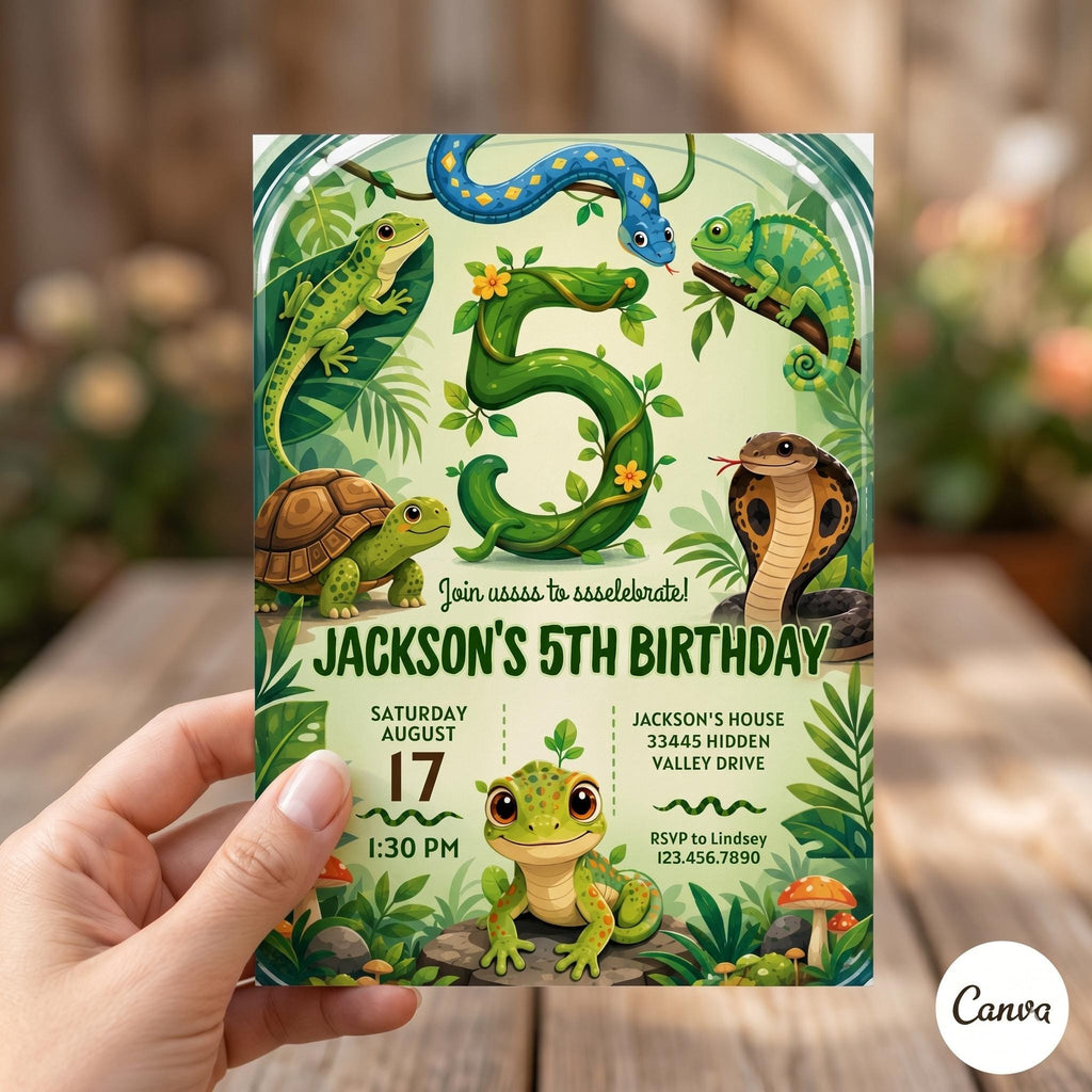 Reptile Birthday Invitation, Lizard Snake Theme , Printable reptile invitation, Birthday Invite (Editable Canva Template)