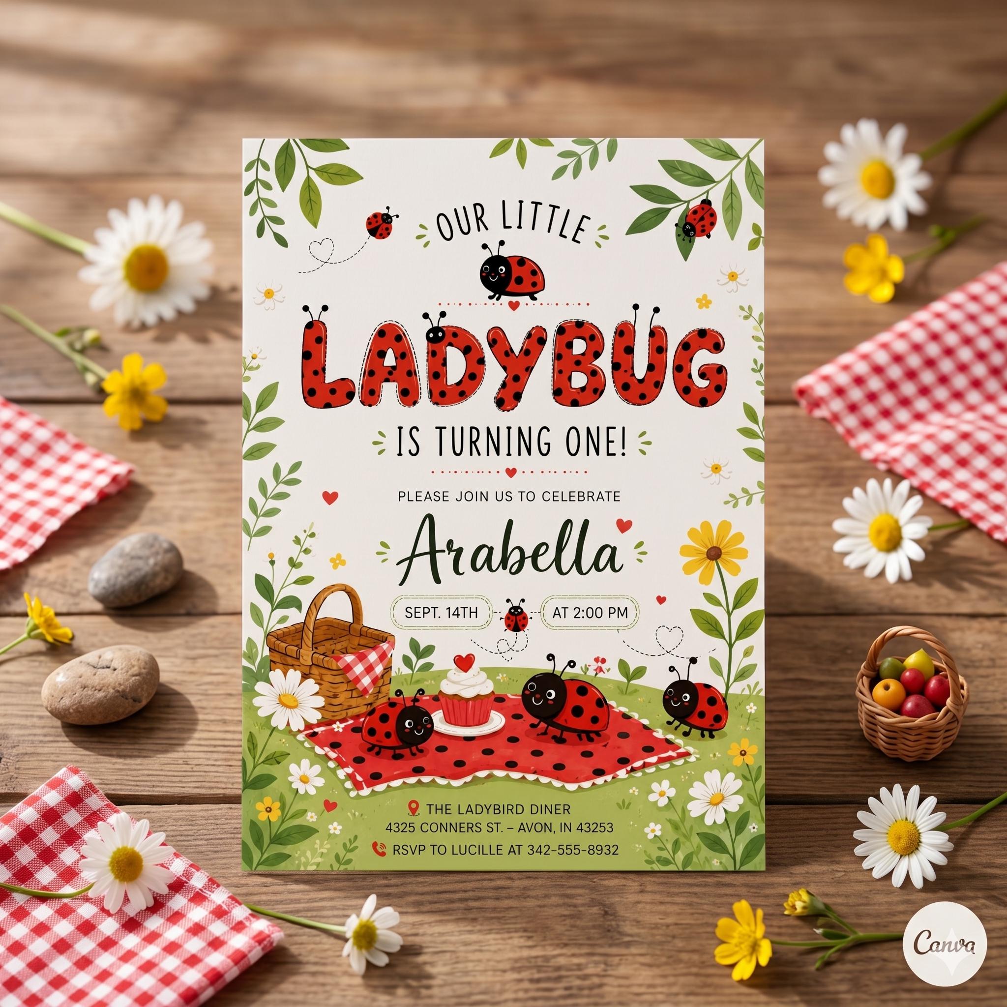 Ladybug Birthday Invitation Template, Editable Kids Garden Party Invite (Digital Download)