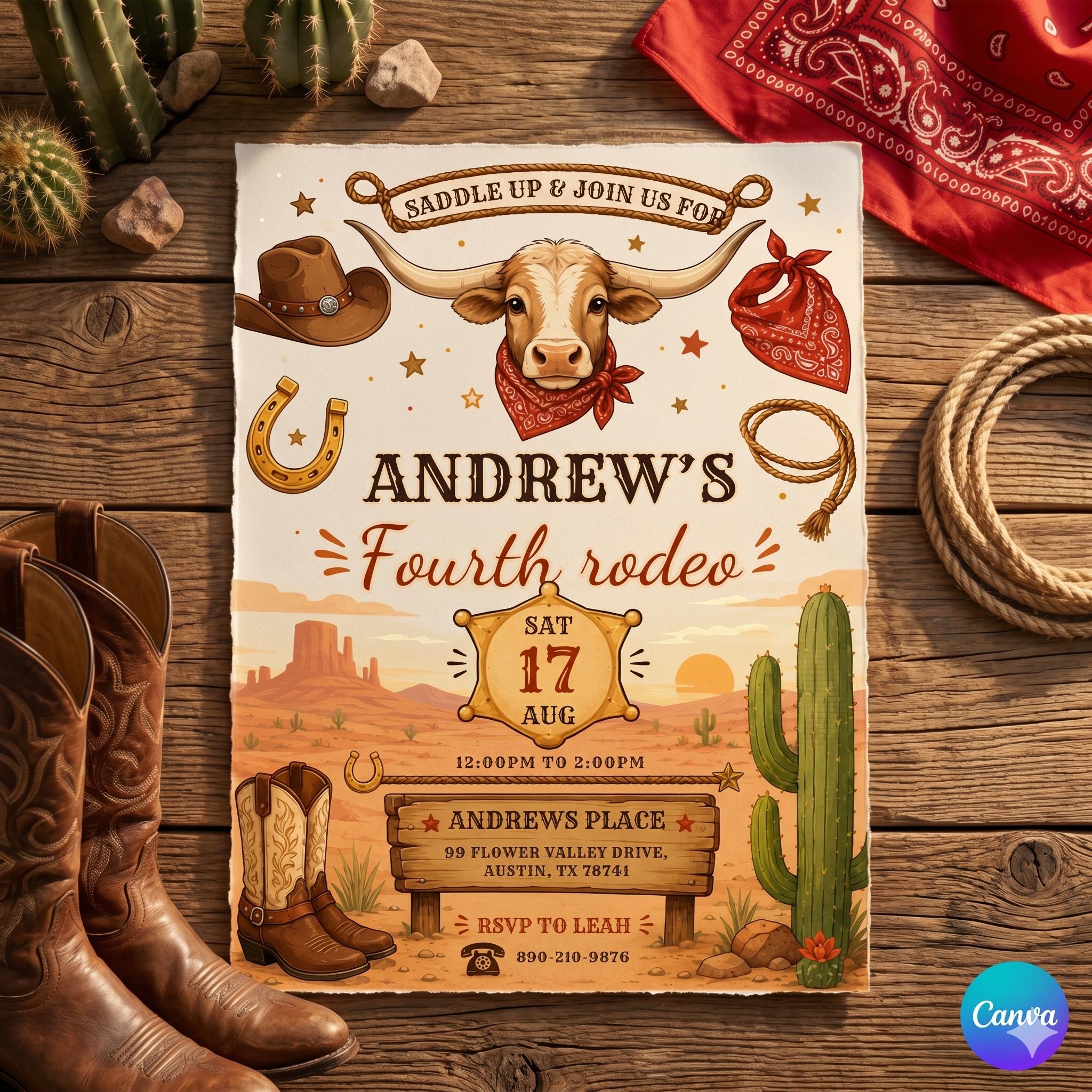 Western Rodeo Birthday Invitation: printable Cowboy Birthday invitation, Rodeo Invitation , Wild West Bday Invite (Digital Download)