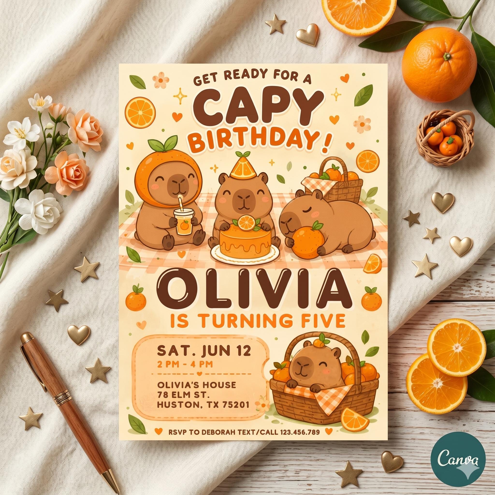 Capybara birthday invitation, printable editable cute capybara birthday invite, funny capybara party invite digital template