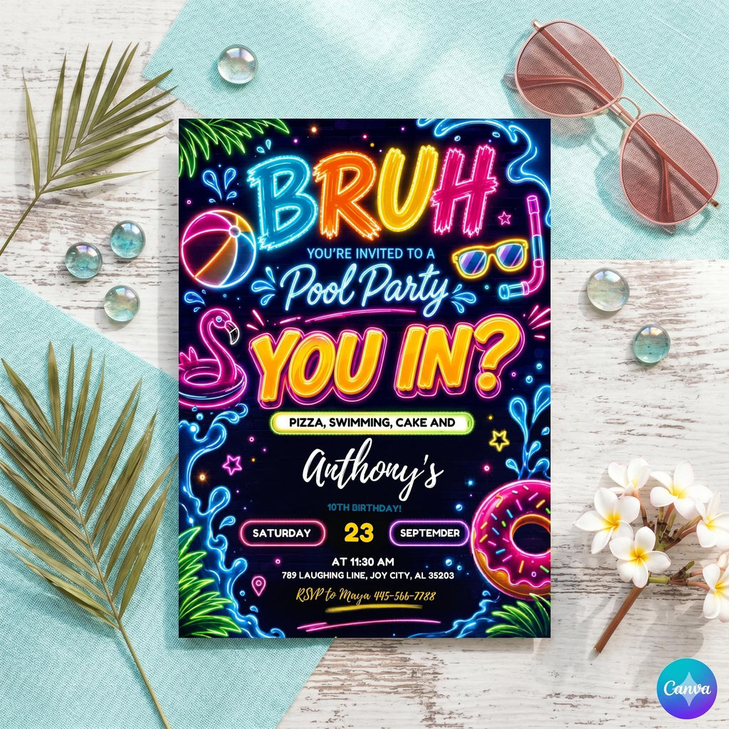 Printable Bruh Birthday Invitation, Pool Boy Bday Invite, Neon Pool Party Invitation, Birthday Invite , teens Party, Editable Canva