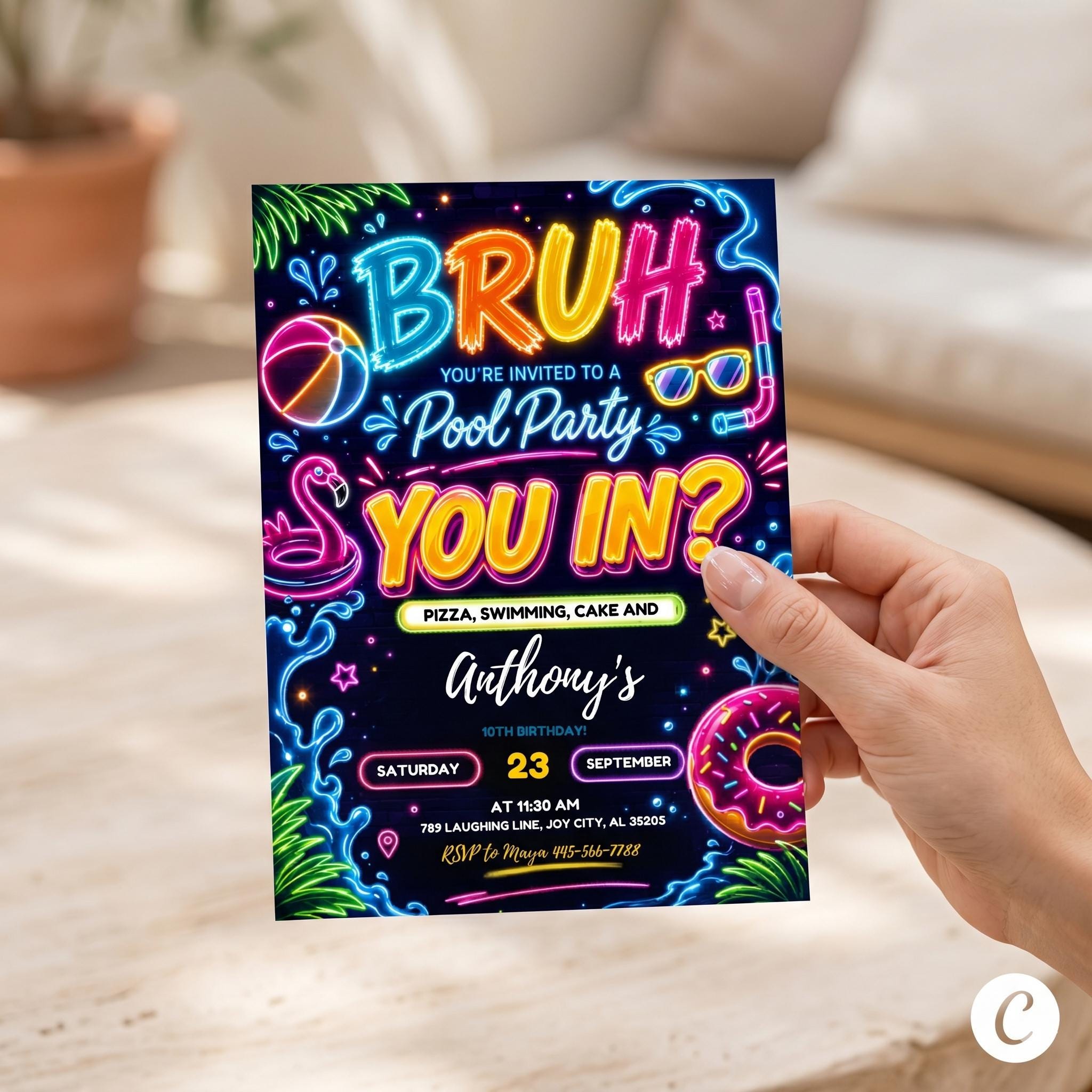 Printable Bruh Birthday Invitation, Pool Boy Bday Invite, Neon Pool Party Invitation, Birthday Invite , teens Party, Editable Canva