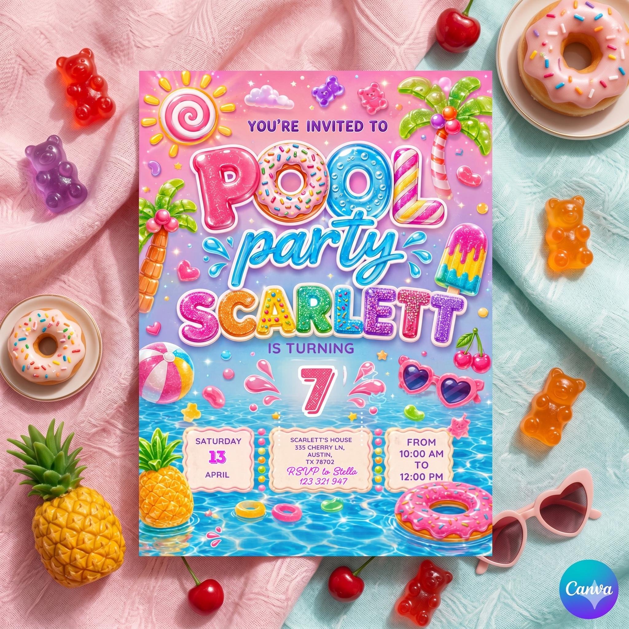 Pool party invitation, printable editable girl invite template, neon invitation, pool neon party,boy summer b-day, Editable Canva invitation