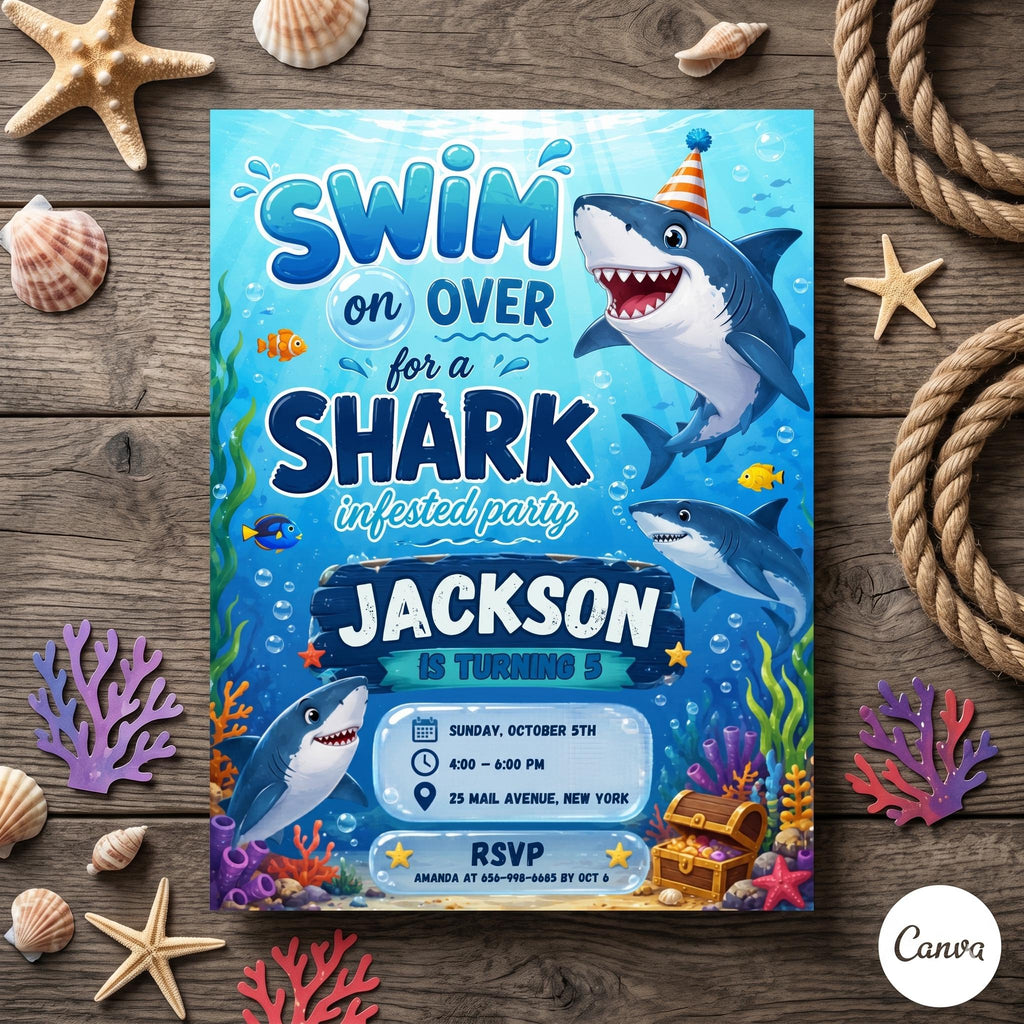 Shark Party digital invite template , Shark Birthday Invitation , Ocean Summer theme Editable Canva Template , Digital