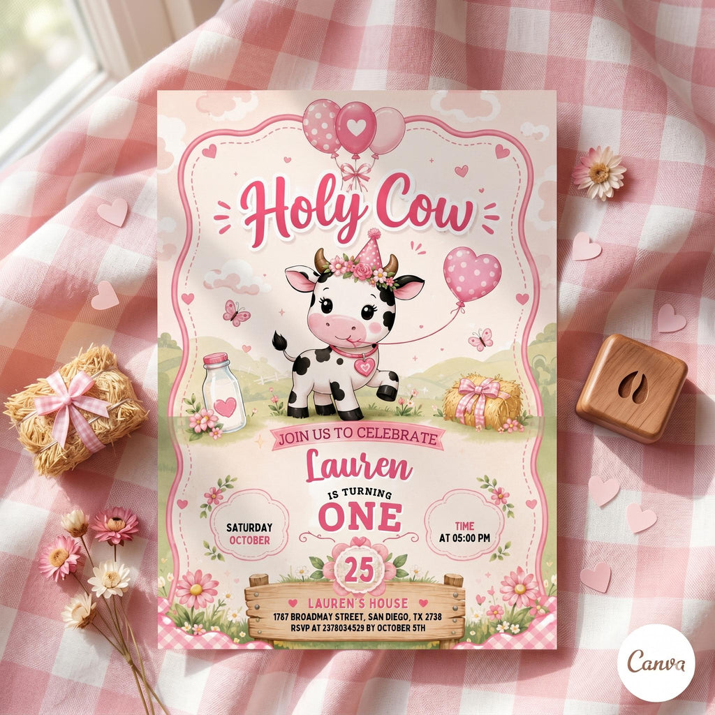 Holy Cow Party Birthday Invitation, Banyard Party Invitation, Holy Cow Invitation, Editable Canva Template , Cowgirl Party Invitation