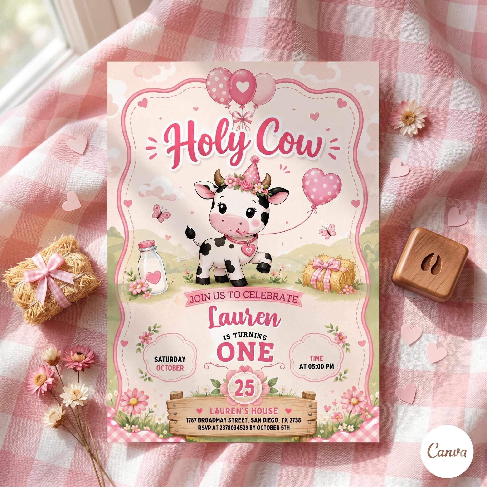 Holy Cow Party Birthday Invitation, Banyard Party Invitation, Holy Cow Invitation, Editable Canva Template , Cowgirl Party Invitation