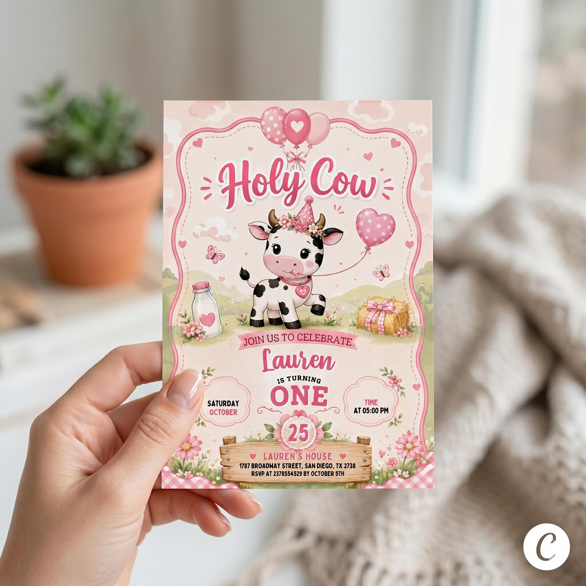 Holy Cow Party Birthday Invitation, Banyard Party Invitation, Holy Cow Invitation, Editable Canva Template , Cowgirl Party Invitation
