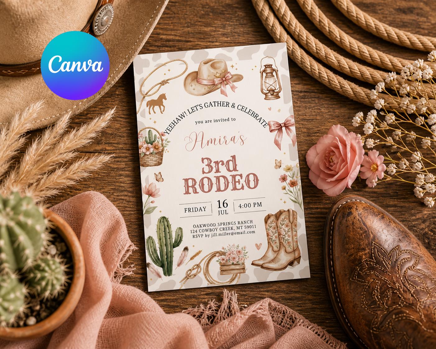 First Rodeo Birthday Invitation, Editable My 1st Rodeo Girl Cowgirl Invites, First Rodeo Invite, Cowgirl Invitation, Editable Canva Template