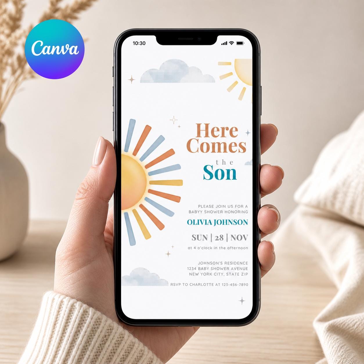 Retro Sun Baby Shower Invitation , Here Comes the Son Invite, Groovy Retro Baby Boy Sun Shower Invitation (A1)