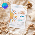 Retro Sun Baby Shower Invitation , Here Comes the Son Invite, Groovy Retro Baby Boy Sun Shower Invitation (A1)