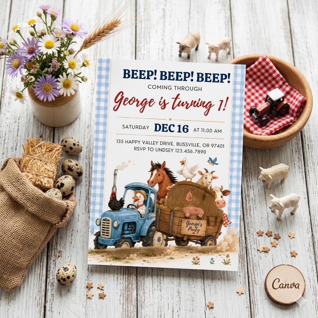 Farm Animals Birthday Invitation, Blue Truck invitation, Oink Moo Baa invite, Little Blue, Barnyard animals party invite (Digital Download)
