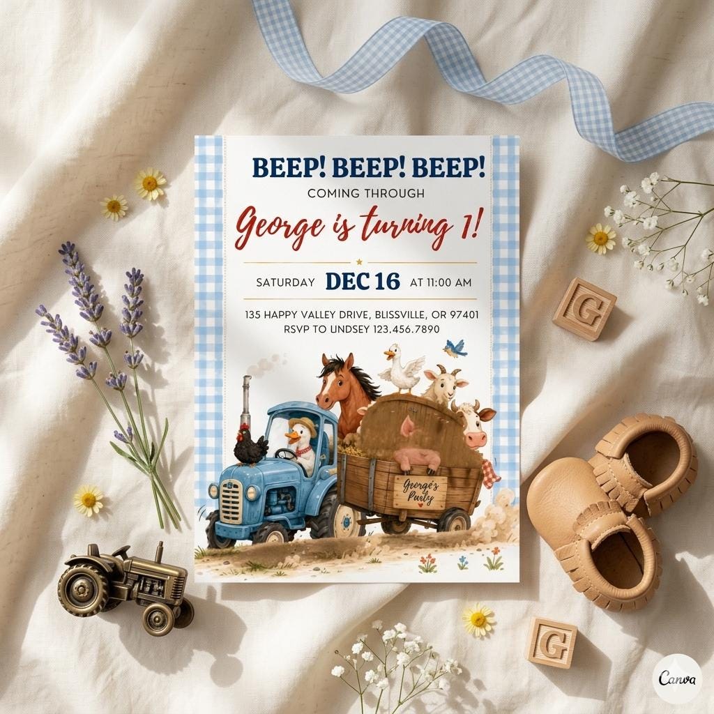 Farm Animals Birthday Invitation, Blue Truck invitation, Oink Moo Baa invite, Little Blue, Barnyard animals party invite (Digital Download)