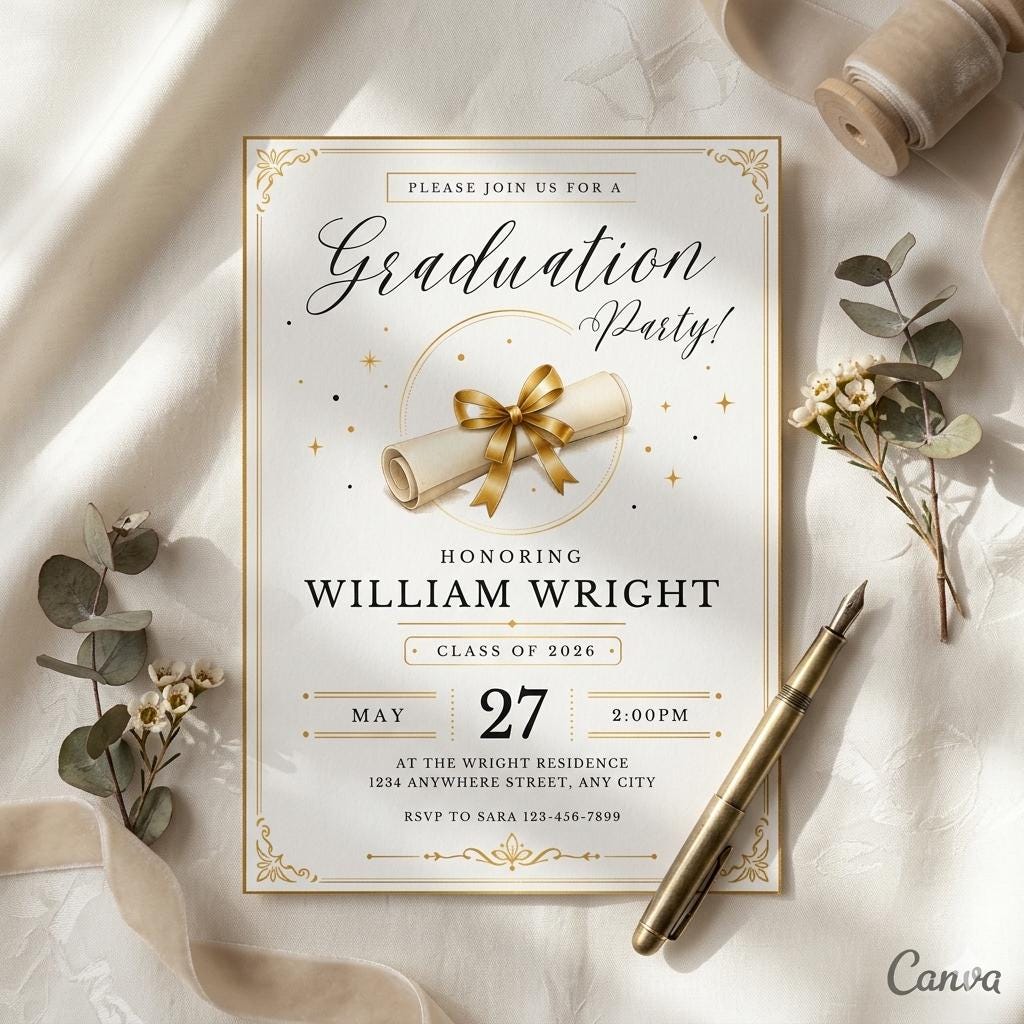 Editable Black Bow Graduation Party Invitation, Graduation Announcement Template, Minimalist Graduation Invitation, Grad Party Invite