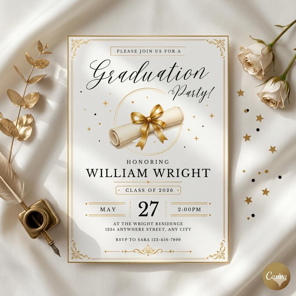 Editable Black Bow Graduation Party Invitation, Graduation Announcement Template, Minimalist Graduation Invitation, Grad Party Invite