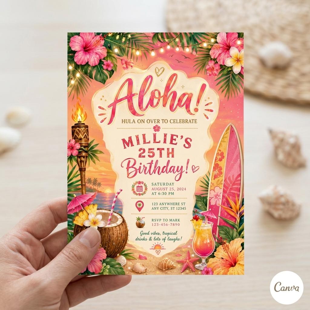 Tropical Aloha Birthday Invitation: Aloha party invitation, girl invite , Pineapple invitation, Tropical Hawaii party (Digital Download)