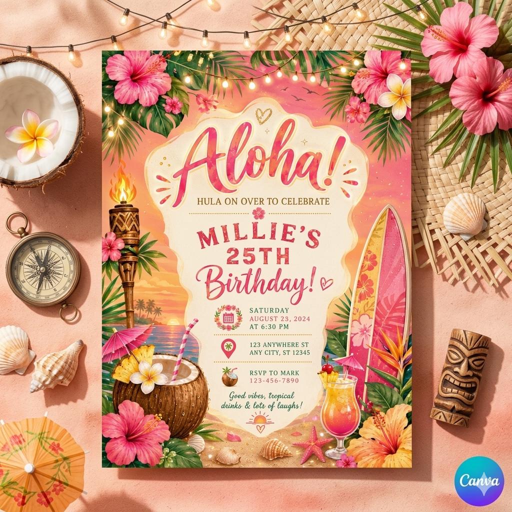 Tropical Aloha Birthday Invitation: Aloha party invitation, girl invite , Pineapple invitation, Tropical Hawaii party (Digital Download)