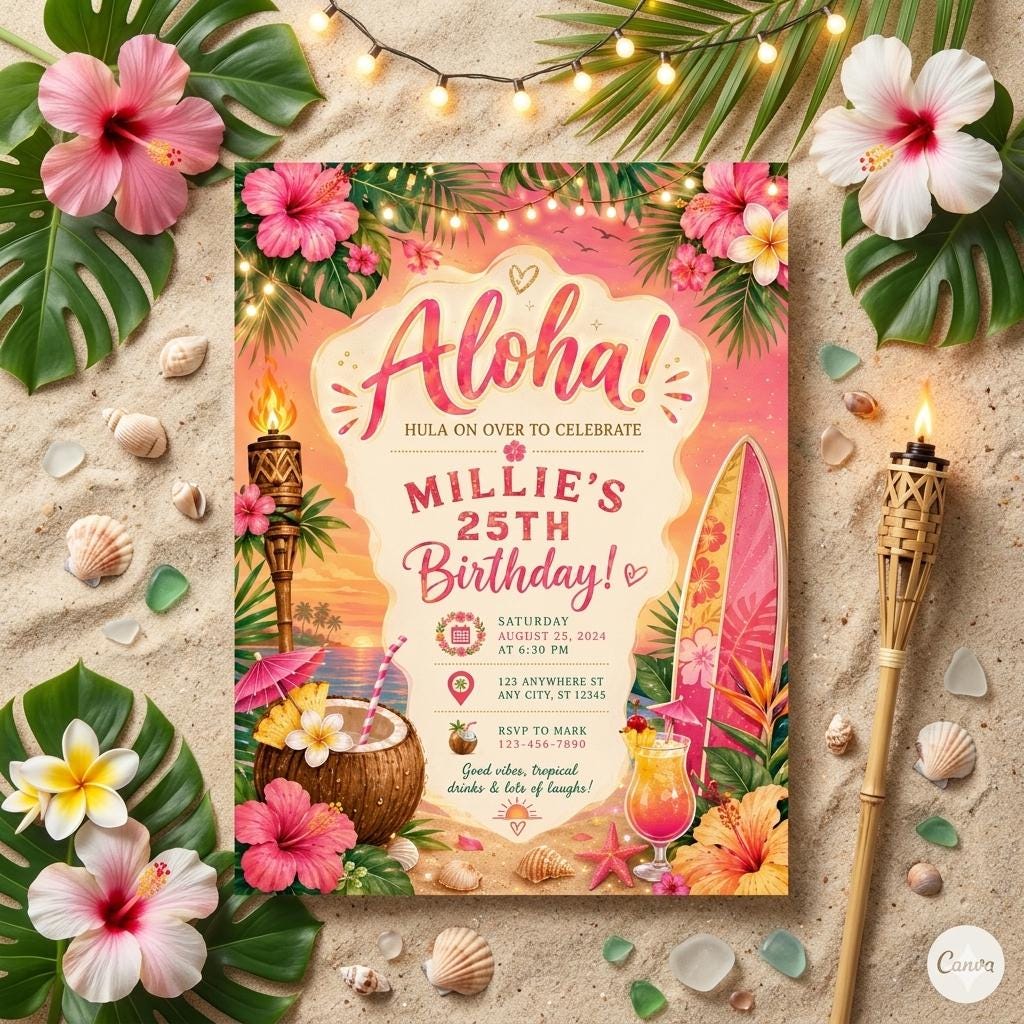 Tropical Aloha Birthday Invitation: Aloha party invitation, girl invite , Pineapple invitation, Tropical Hawaii party (Digital Download)