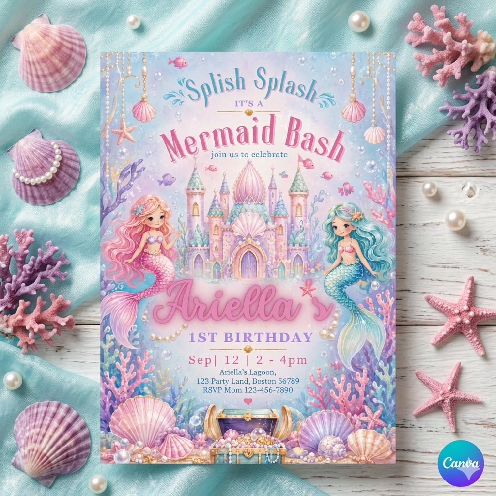 Mermaid Birthday Invitation Template: Splish Splash Party, Mermaid Birthday Invitation Under the Sea Birthday Invite (Digital Download)