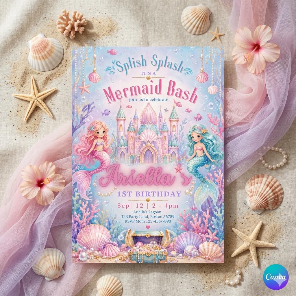 Mermaid Birthday Invitation Template: Splish Splash Party, Mermaid Birthday Invitation Under the Sea Birthday Invite (Digital Download)