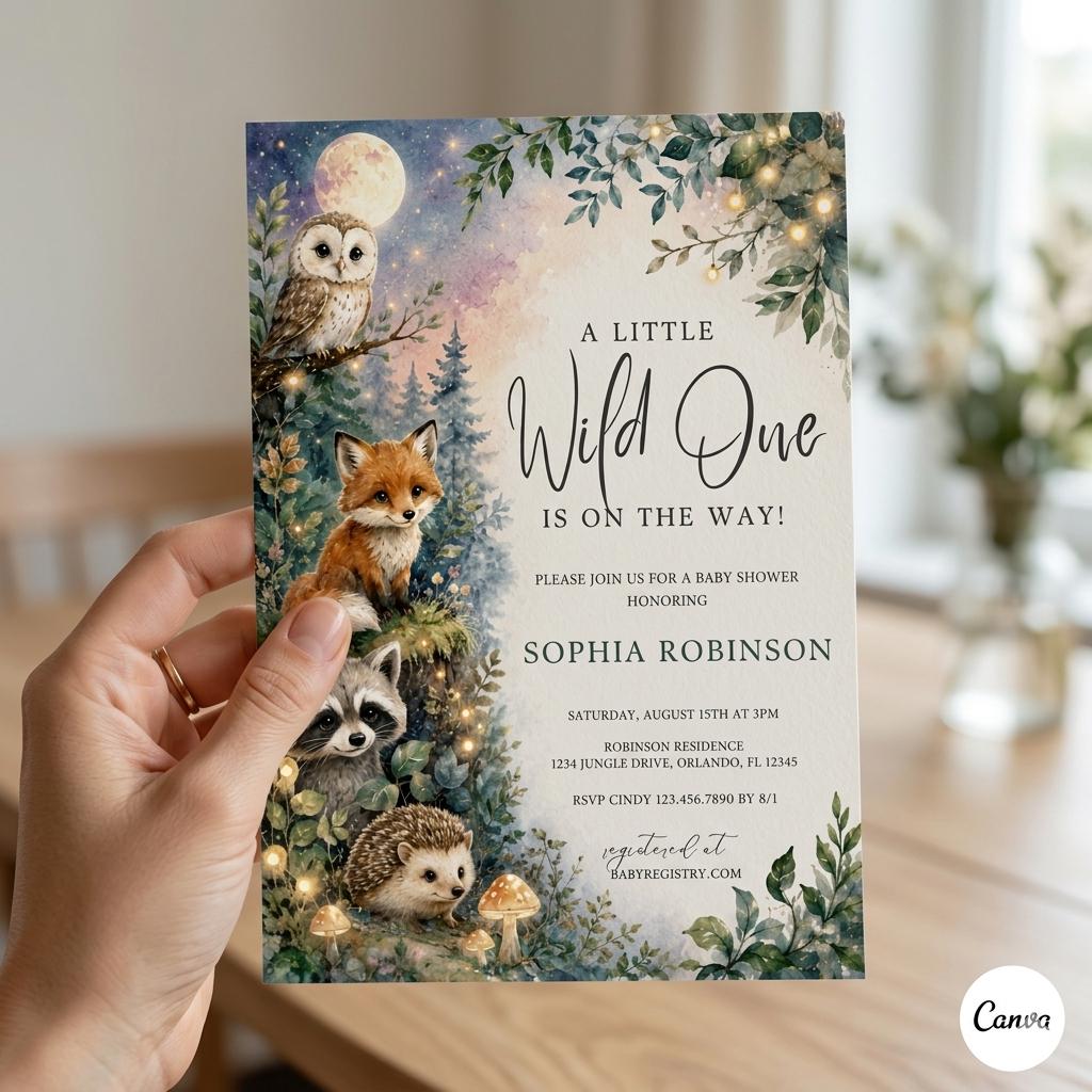 Woodland Baby Shower Invitation: "A Little Wild One" Template , Greenery Woodland Animal Baby Shower Invitation (Digital Download)