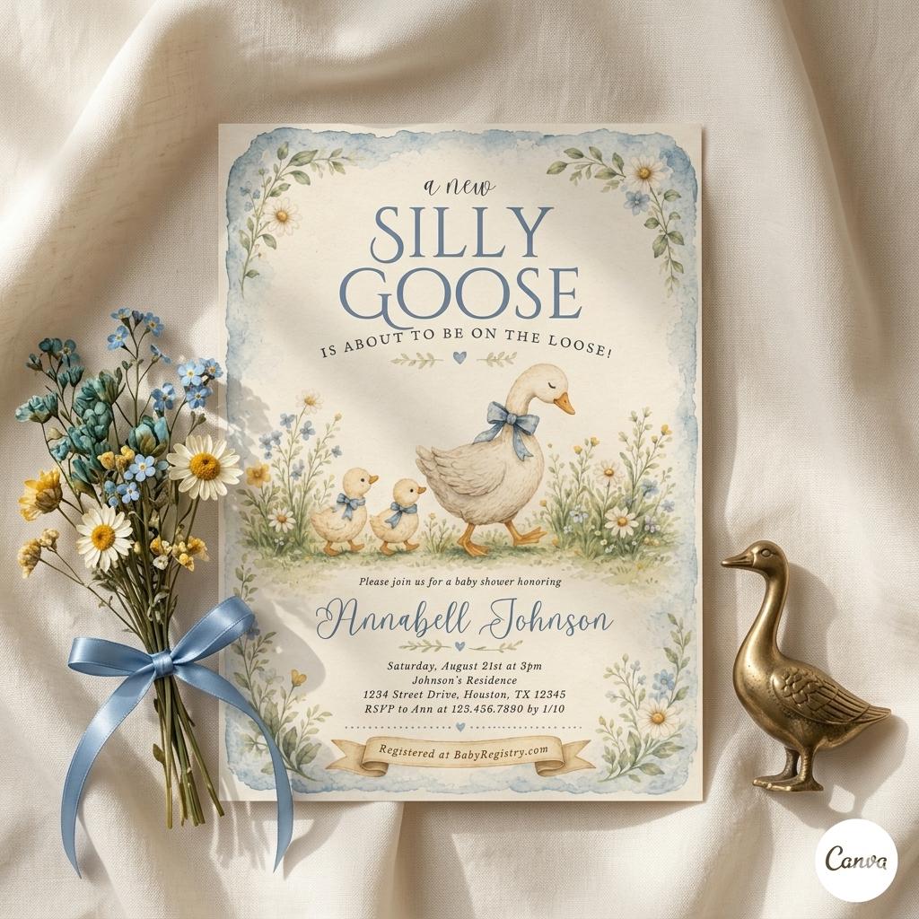 tSilly Goose Baby Shower Invitation, Coquette Bow Goose Baby Shower Invite, Preppy Girl Baby Shower Editable Printable Template