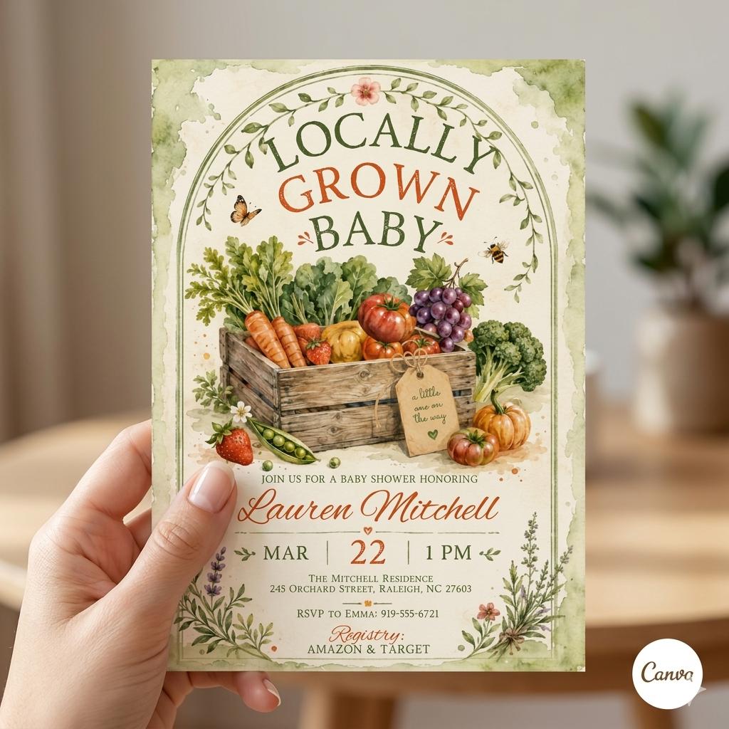 Locally Grown Baby Shower Invitation, Farmers Market Baby Shower Invite, Homegrown, aby Sprinkle, Gender Reveal Invitations, Farmers Market