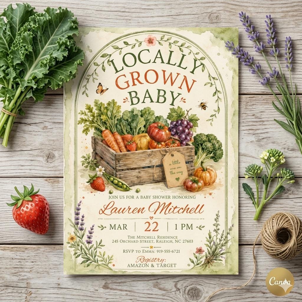 Locally Grown Baby Shower Invitation, Farmers Market Baby Shower Invite, Homegrown, aby Sprinkle, Gender Reveal Invitations, Farmers Market