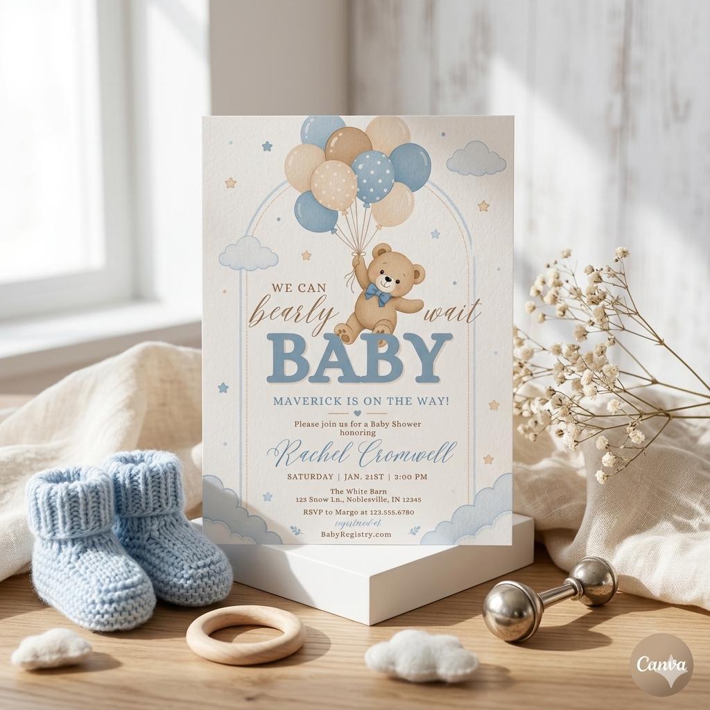 Editable Brown Bear Balloon Baby Shower Invitation, We Can Bearly Wait Baby Shower Invite, Blue Boy Boho Bear Baby Shower Canva Digital