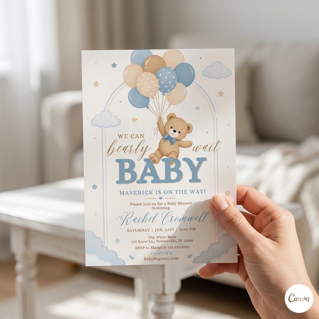 Editable Brown Bear Balloon Baby Shower Invitation, We Can Bearly Wait Baby Shower Invite, Blue Boy Boho Bear Baby Shower Canva Digital