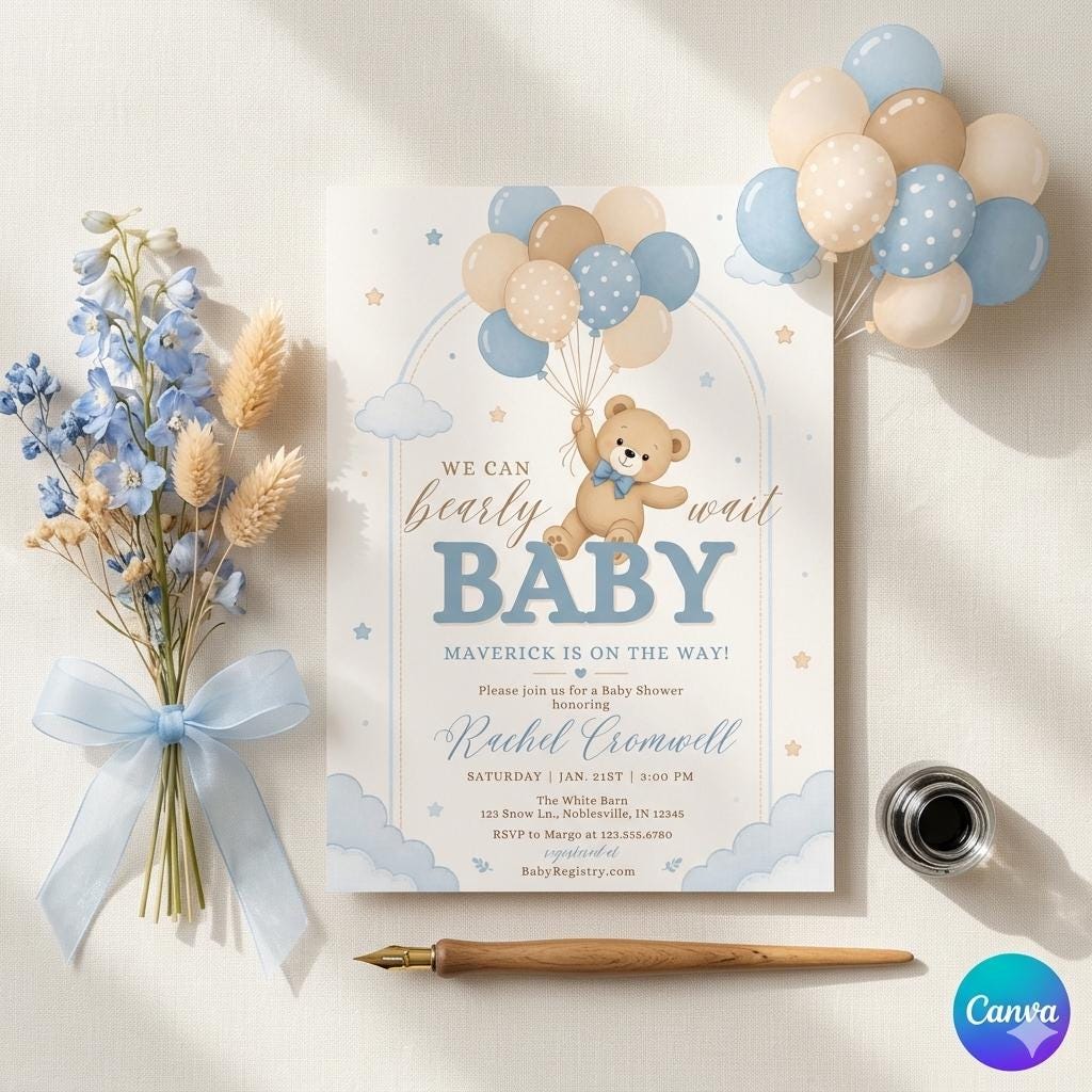 Editable Brown Bear Balloon Baby Shower Invitation, We Can Bearly Wait Baby Shower Invite, Blue Boy Boho Bear Baby Shower Canva Digital