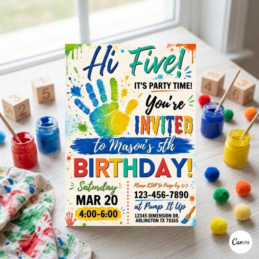 Editable Canva Birthday Invitation: Hi Five Art Party Template (Digital Download)