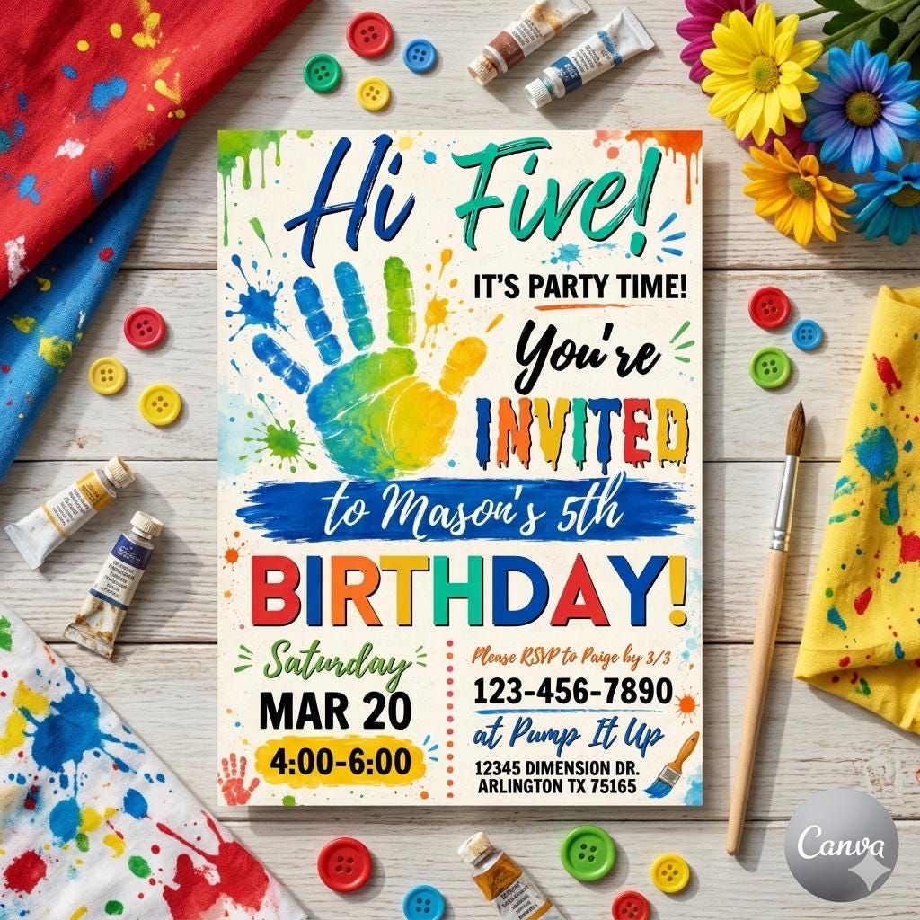 Editable Canva Birthday Invitation: Hi Five Art Party Template (Digital Download)