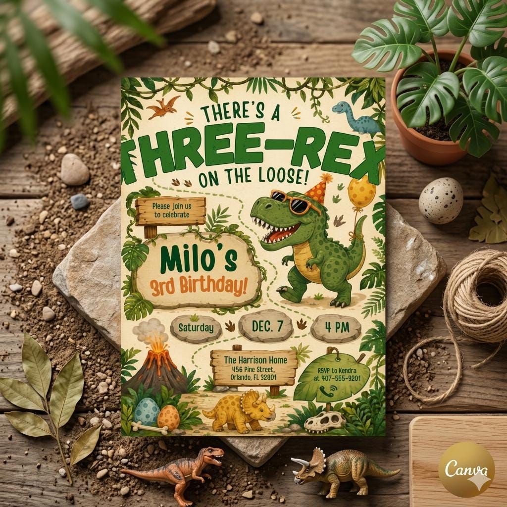 Three Rex Birthday, Dinosaur Birthday Invitation, Retro T Rex invitation, Dinosaur Invitation Template, Dino 3rd, Three Rex Boys, Canva