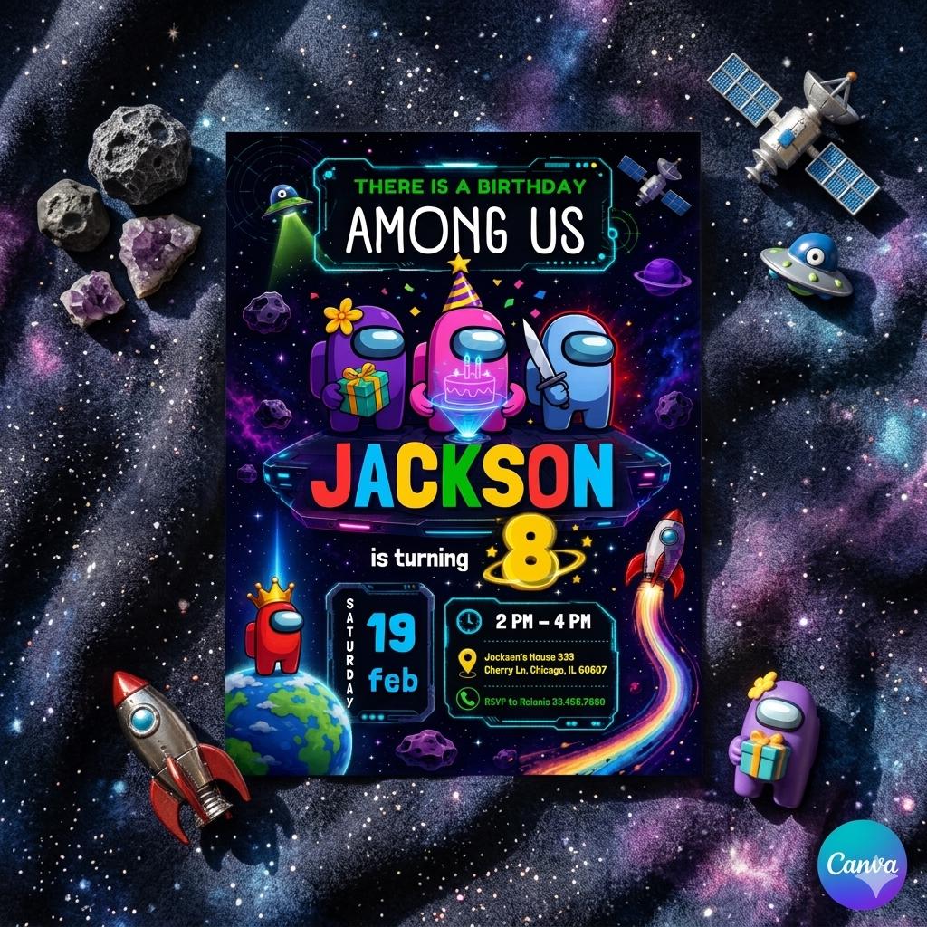 Among us birthday party invitation template, among us birthday invitate, aliens invite, ufo invitation, printable editable