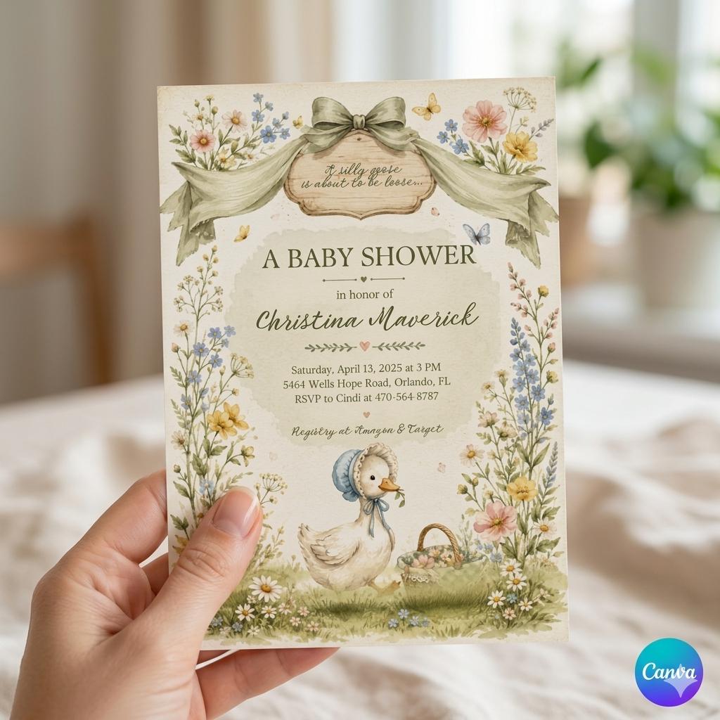 Silly Goose Baby Shower Invitation, Editable Canva Template (Digital Download)
